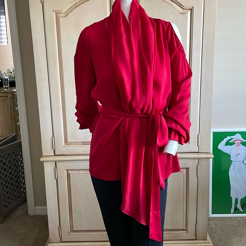 Rachel Zoe Silk Drape Neck & Front Balloon Sleeve Ruffle Wrist Blouse Top NWOT 6